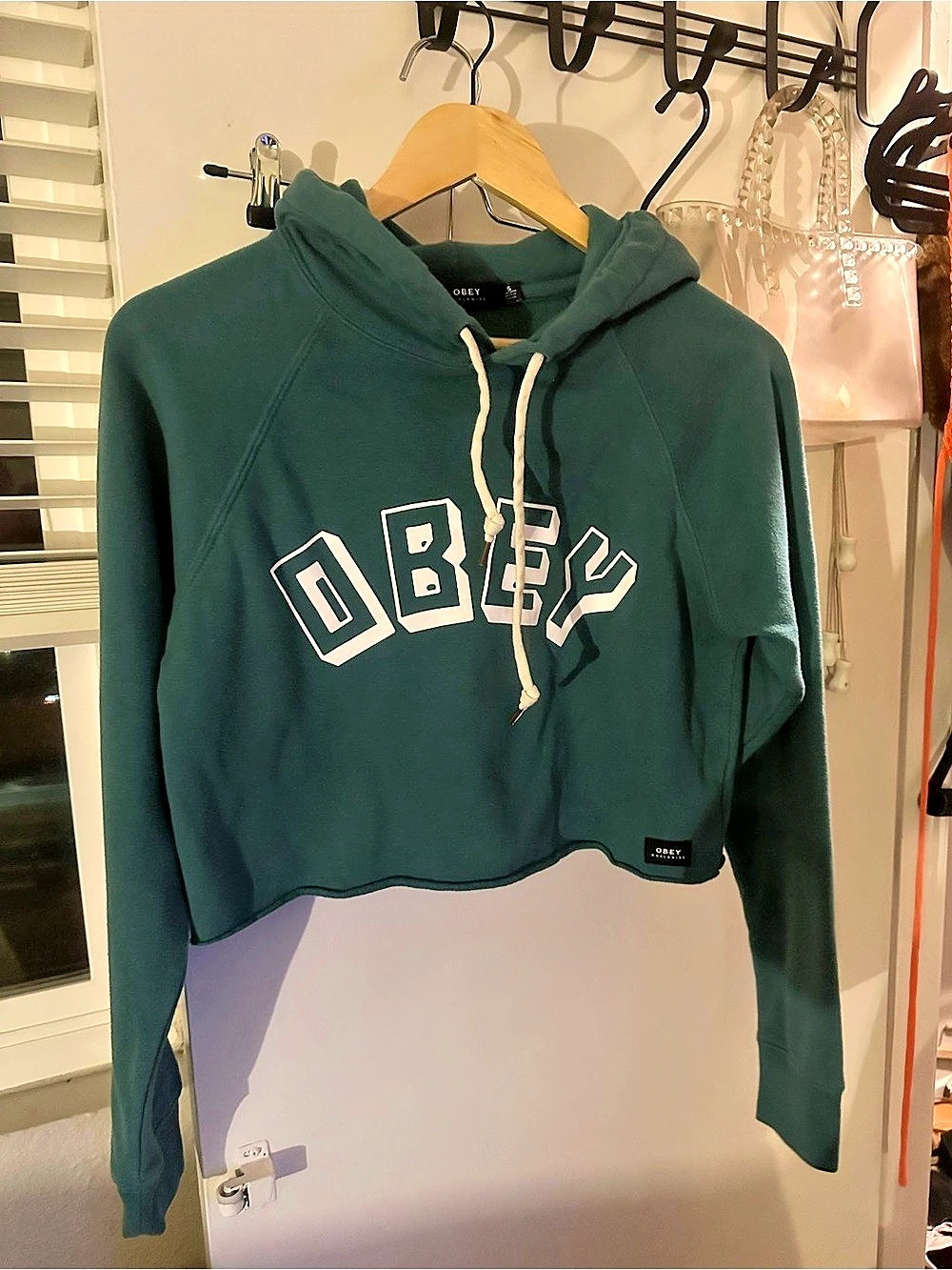 Obey Logo Cropped Hoodie in Green Size Small